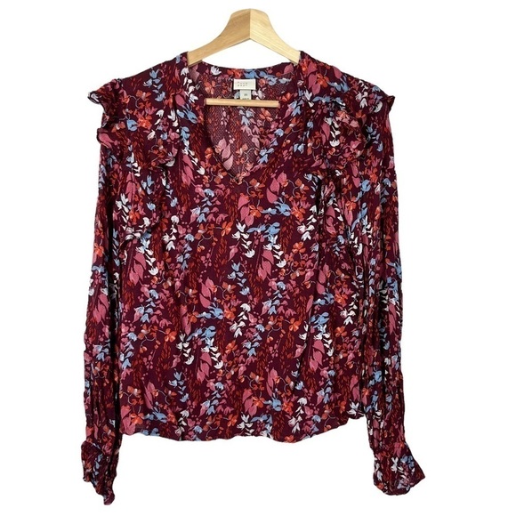 A New Day Burgundy Red Floral Ruffle Long Sleeve Blouse XS - Picture 1 of 5